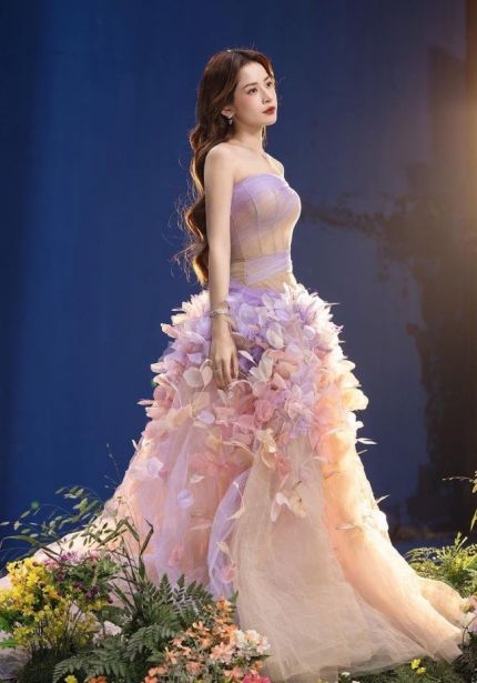 Draped Floral Evening Gown