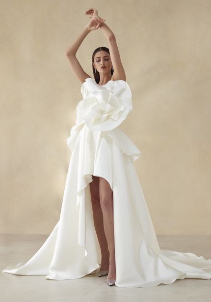 Draped High-Low Mikado Wedding Dress