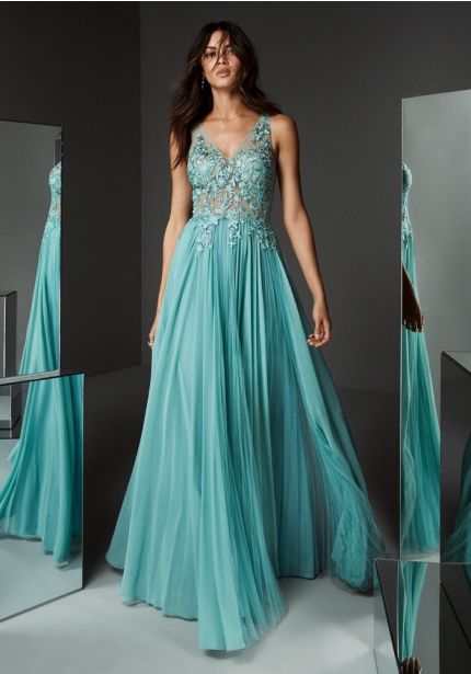 Embroidered Illusion Bodice Flare Gown