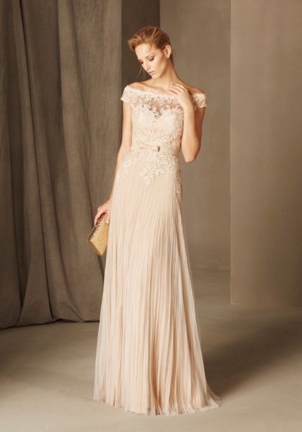 Embroidered Beige Tulle Gown