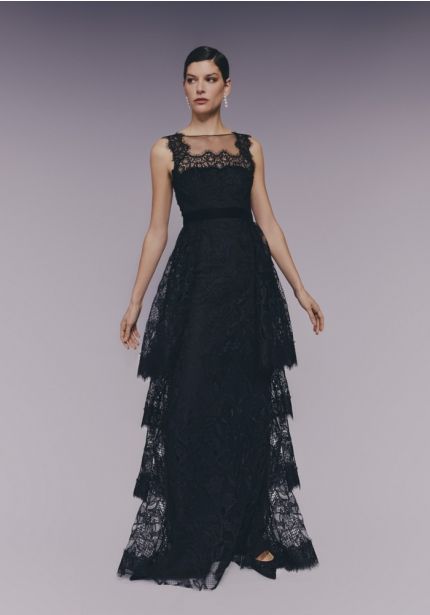 Embroidered Tiered Evening Dress