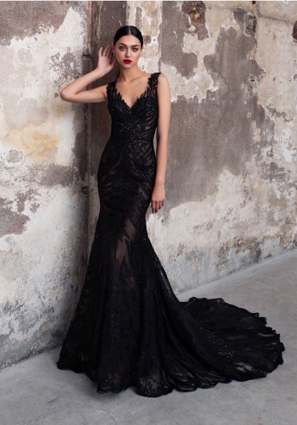 Beaded Black Tulle Gown with Sheer Back