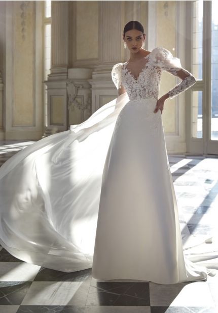 Beaded Long Sleeve Crepe Wedding Dress