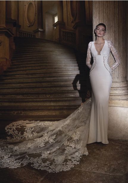Embroidered Long Sleeve Crepe Wedding Dress