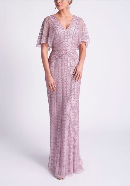 Beaded Short Sleeve Evening Gown