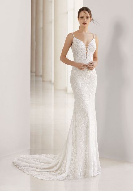 Embroidered Plunging Back Wedding Dress