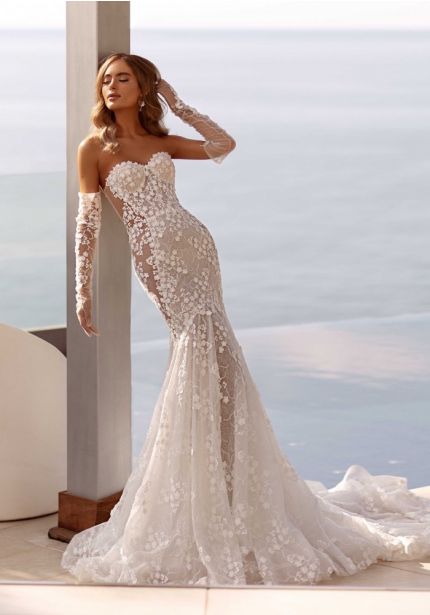 Embroidered Sheer Back Wedding Dress
