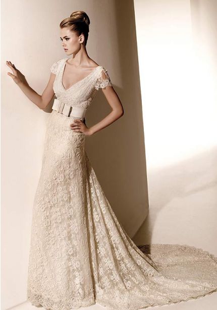 Embellished Lace Wedding Dress with Cap Sleeves