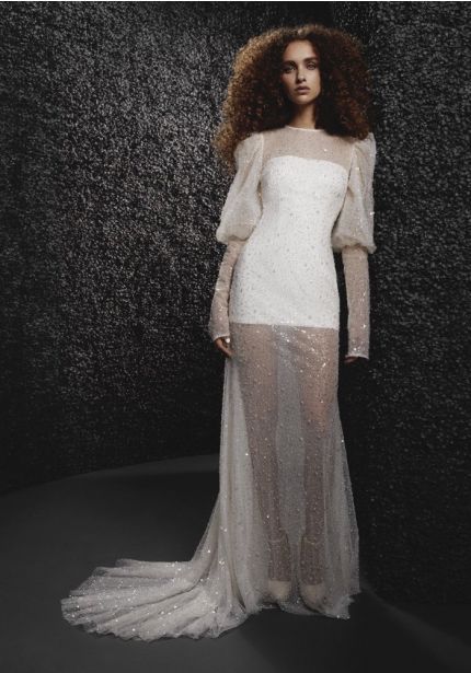Beaded Puff Sleeves Wedding Dress