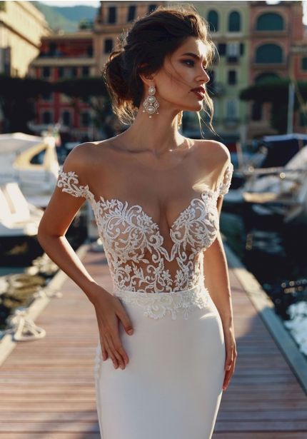 Beaded Crepe Wedding Dress with Open Back