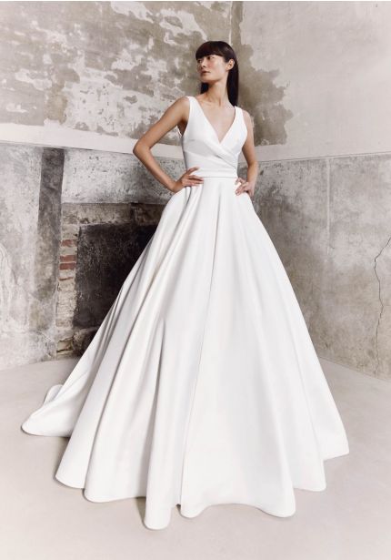 Draped Satin Ball Gown With Bow Back