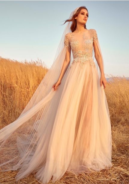 Beaded Soft Tulle Wedding Dress With Cape